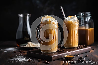 refreshing iced coffee drink with drizzle of caramel and sprinkle of salt Stock Photo