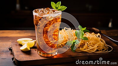 Refreshing Iced Tea With Mint Sprigs - A Delightful Twist Stock Photo