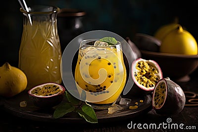 Refreshing juice or delicious smoothie with vibrant passion fruit flavor served in a chilled glass with ice and mint Stock Photo