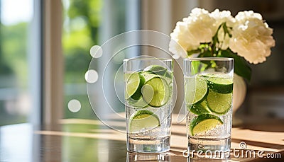 Refreshing lemon and lime infused water in traditional glasses on a white kitchen counter Stock Photo