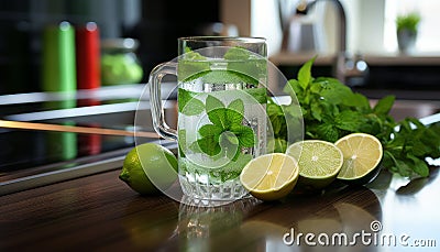 Refreshing lemon and lime infused water in traditional glasses on white kitchen counter Stock Photo