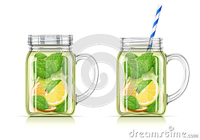 Refreshing lemon, orange, peppermint and cucumber detox water Vector Illustration