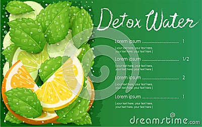 Refreshing lemon, orange, peppermint and cucumber detox water Vector Illustration