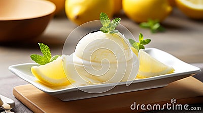 A refreshing lemon sorbet in a lemon shaped dish Stock Photo