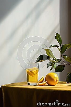 Refreshing Lemon Tea in Minimal Glass on Table Top AI Generated Cartoon Illustration