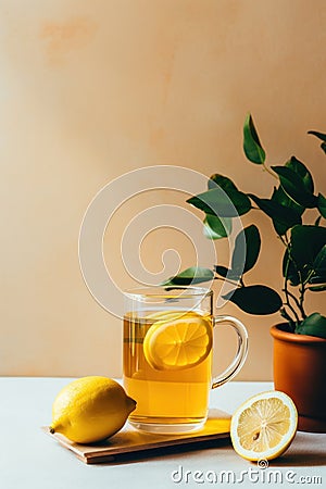 Refreshing Lemon Tea in Minimal Glass on Table Top AI Generated Cartoon Illustration