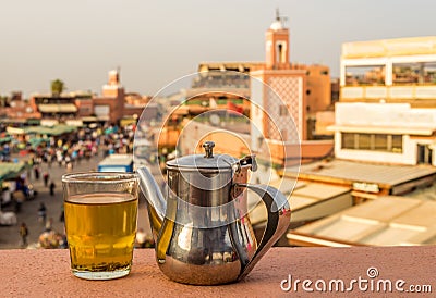 Refreshing with mint tea at the roof near Jemaa el-Fnaa square i Stock Photo