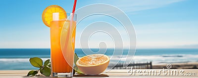 Refreshing orange cocktail on beach table Stock Photo