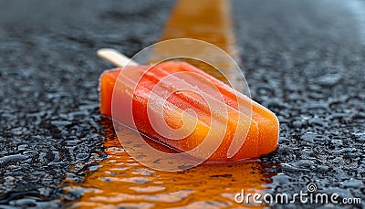 A refreshing orange popsicle melting on a wet, dark asphalt surface, creating a vivid contrast Stock Photo