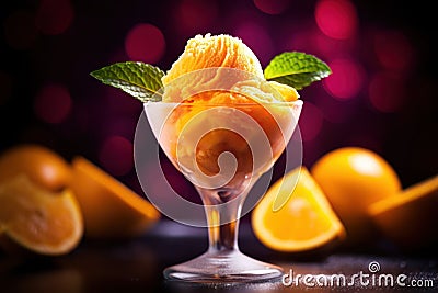 Refreshing Orange Sorbet in Elegant Glass with Mint Garnish Stock Photo