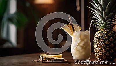 A refreshing pineapple cocktail on a tropical wood table generated by AI Stock Photo