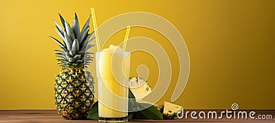 Refreshing pineapple juice in glass on wooden table with soft yellow background for text placement Stock Photo