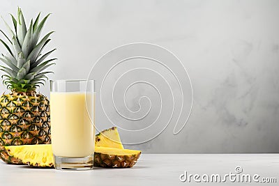 Refreshing pineapple juice with pulp and chunks, tropical beverage with copy space for summer vibes Stock Photo