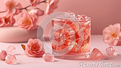 Refreshing pink lemonade with ice cubes and camellia flowers on a pink background Stock Photo