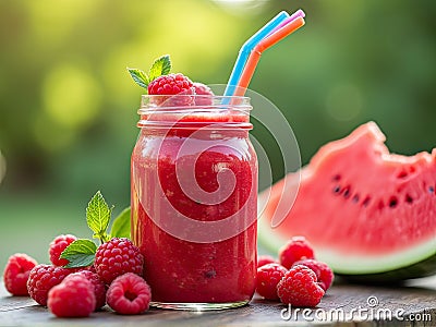 Refreshing Raspberry Smoothie with Watermelon Slice, ai Stock Photo