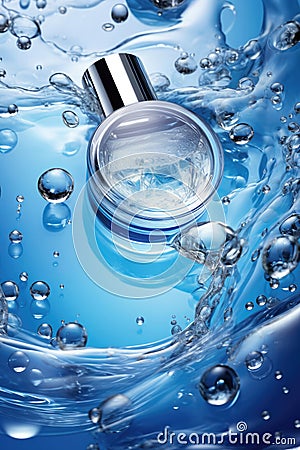 Refreshing skincare blue water drops adorn a cosmetic bottle Stock Photo