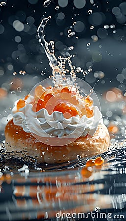 Refreshing Splash of Water on Elegant Salmon Caviar Canape with Cream Cheese and Blurry Background Stock Photo