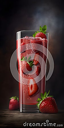refreshing strawberry juice, very cold, iced juice, fruit juice, refreshing glass, red juice, generative ai Stock Photo