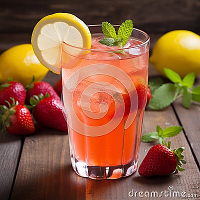 Refreshing strawberry lemonade in glass closeup. Generative AI Stock Photo