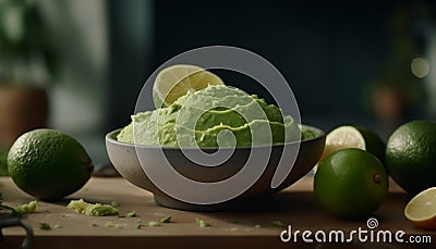 A refreshing summer cocktail: lime mojito with avocado guacamole generated by AI Stock Photo