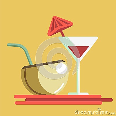 Refreshing summer cocktails in martini glass and coconut with straw Vector Illustration