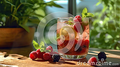 Refreshing summer drink with raspberry, blackberry, lemon and mint. Stock Photo