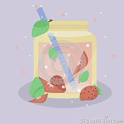 Refreshing summer drink strawberry drink with bubbles in a beautiful jar in vector Vector Illustration