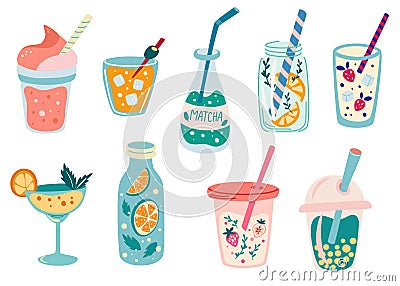Refreshing summer drinks set. Cold drinks. Soda water, sweet fizzy beverages, fruit cocktails, juices, lemonades in glass and Vector Illustration
