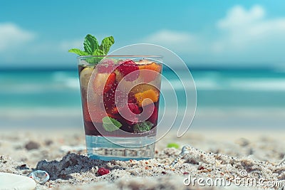 Refreshing summer fruit cocktail served in a glass on a sandy beach for ultimate relaxation Stock Photo