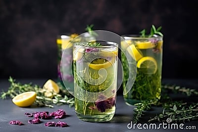 refreshing summer lemonade cocktail with mix of juices, teas and herbs Stock Photo