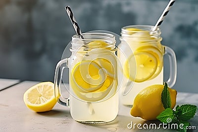 Refreshing Summer Lemonade in Mason Jars with Lemon Slices and Ice. created with Generative AI Stock Photo