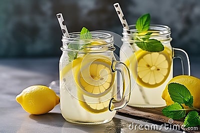 Refreshing Summer Lemonade in Mason Jars with Lemon Slices and Ice. created with Generative AI Stock Photo