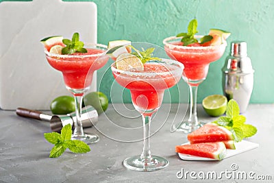 Refreshing summer watermelon margaritas with lime Stock Photo