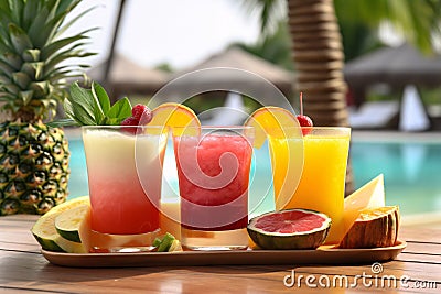 Refreshing Variety of Mixed Fruit Juices in the Resort, Welcome drink for tourist, generative AI Cartoon Illustration