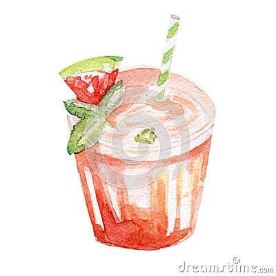 Refreshment drink illustration. Hand drawn watercolor on white background. Cartoon Illustration