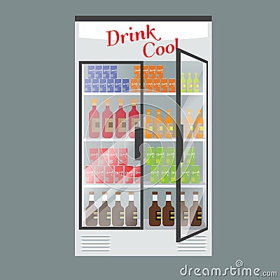 Refrigerated supermarket display case full with multiple drinks and beverages. Illustrated vector for your Mockup design Vector Illustration