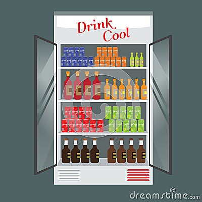 Refrigerated supermarket display case full with multiple drinks and beverages. Illustrated vector for your Mockup design Vector Illustration