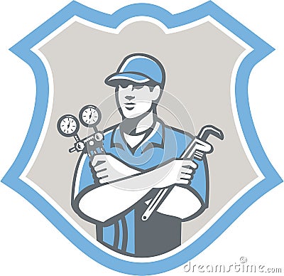 Refrigeration Air Conditioning Mechanic Shield Vector Illustration