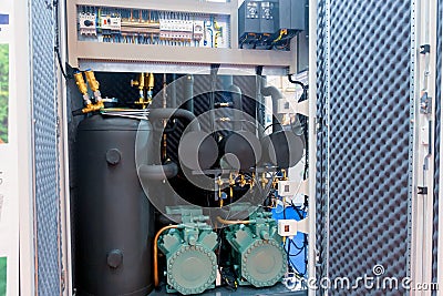 Refrigeration equipment. CO2 cooling systems. Natural refrigerant stations Stock Photo