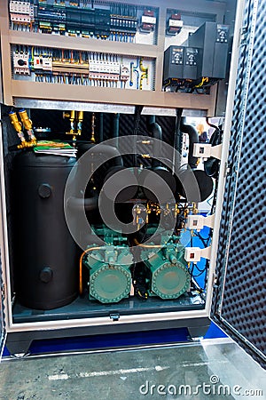 Refrigeration equipment. CO2 cooling systems. Natural refrigerant stations Stock Photo