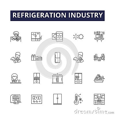 Refrigeration industry line vector icons and signs. industry, cooling, HVAC, compressors, chillers, condensers Vector Illustration