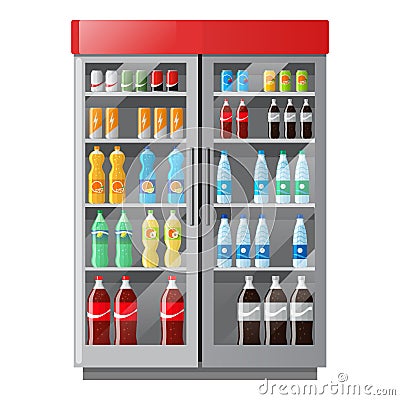 Refrigeration showcase with drinks in colorful bottles in flat style. Vector Illustration