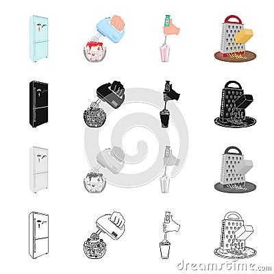Refrigerator for food, mixer for cooking, blender, grater and cheese. Cooking food set collection icons in cartoon black Vector Illustration