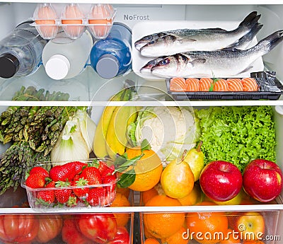 A refrigerator full of healthy food, Mediterranean diet Stock Photo