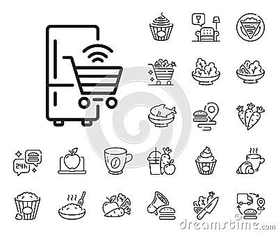 Refrigerator with online shopping line icon. Fridge sign. Crepe, sweet popcorn and salad. Vector Vector Illustration