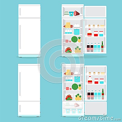 Refrigerator opened with food.Fridge Open and Closed with foods Vector Illustration