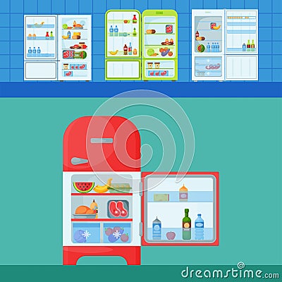 Refrigerator organic food kitchenware household utensil fridge appliance freezer vector illustration. Vector Illustration