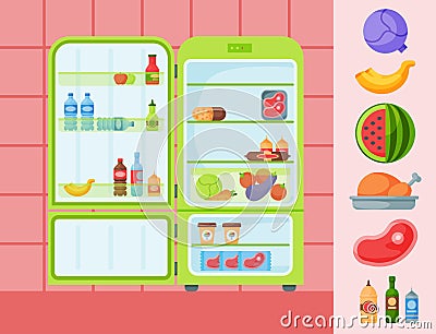 Refrigerator organic food kitchenware household utensil fridge appliance freezer vector illustration. Vector Illustration