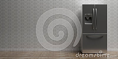 Refrigerator side by side on kitchen floor, wallpaper background, copy space. 3d illustration Cartoon Illustration