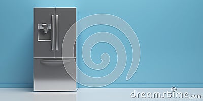 Refrigerator side by side on kitchen floor, blue wall background, copy space. 3d illustration Cartoon Illustration